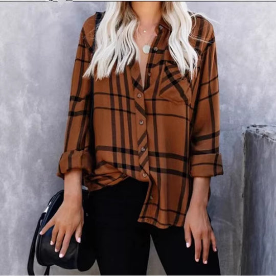 Damen Oversize-Hemdbluse mit Karomuster, Brusttasche und umkrempelbaren Ärmeln Shop Nory