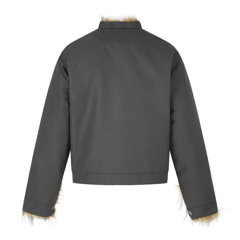 Damen Kurzjacke mit Kunstfellfutter, Stehkragen und verdeckter Knopfleiste Shop Nory