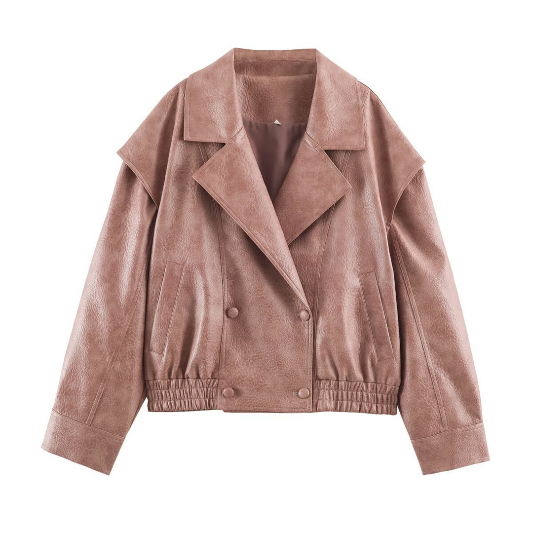 Damen Oversize Kunstlederjacke mit Doppelreihe, weitem Revers und elastischem Saum Shop Nory