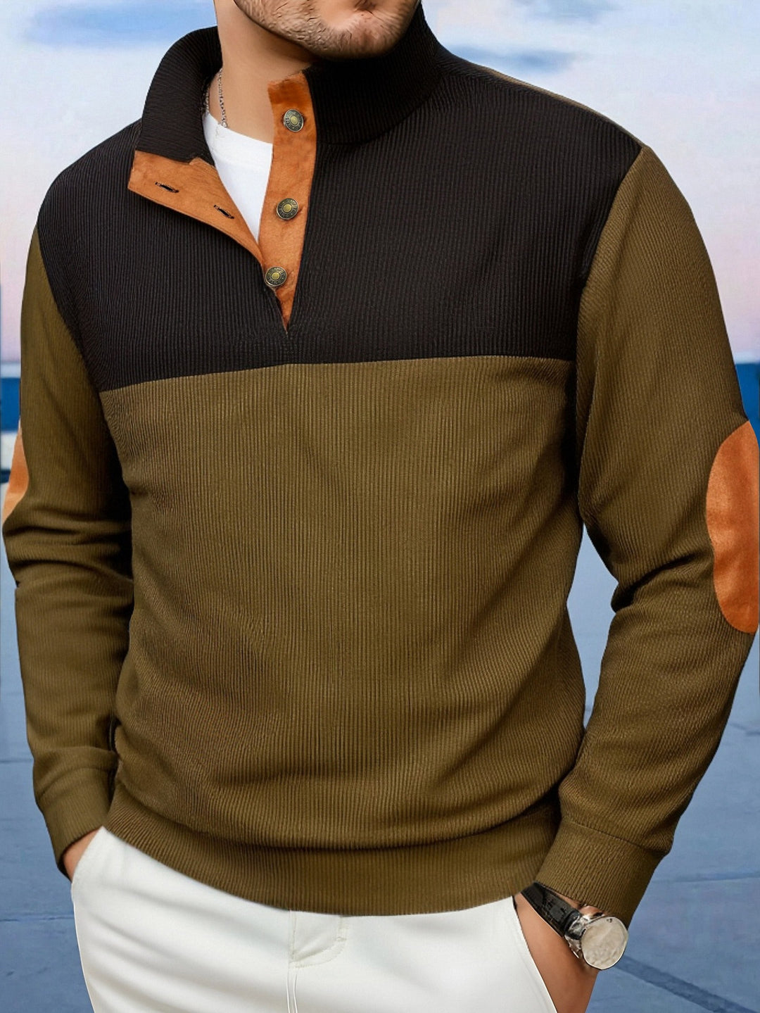 Herren Modische Pullover mit Stehkragen und Knopfleiste Shop Nory