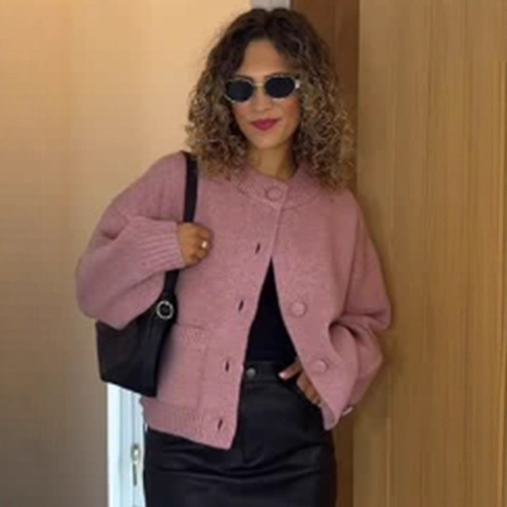 Damen Grobgestrickte Cropped-Strickjacke mit runden Druckknöpfen und oversized Ärmeln Shop Nory