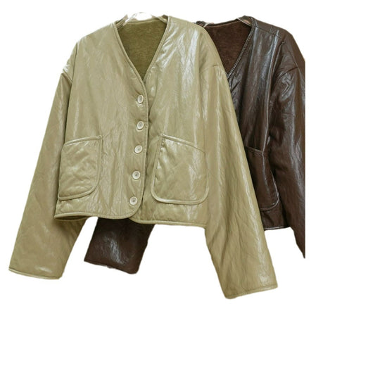 Damen Boxy Lederimitat-Jacke mit gesteppter Optik und Teddy-Futter Shop Nory