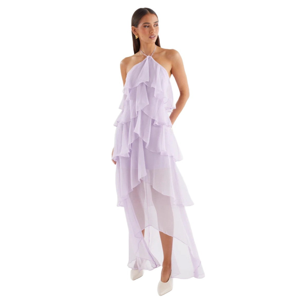 Damen Chiffon Maxikleid mit mehrschichtigen Rüschendetails Shopnory