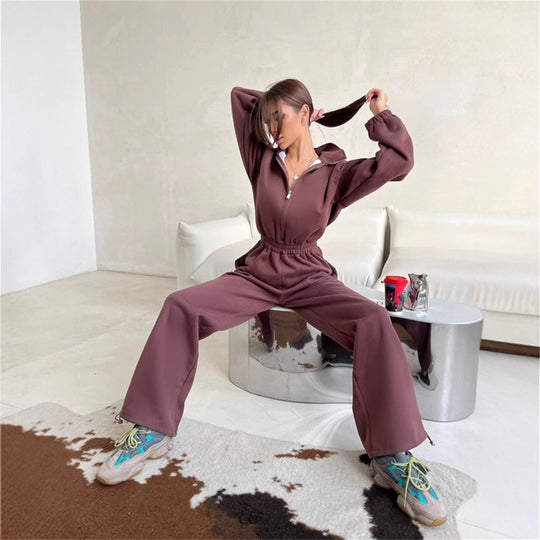 Damen Loungewear-Set mit halbem Reißverschluss, elastischem Taillenbund und weiter Jogginghose Shop Nory