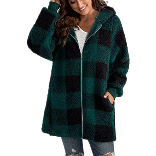 Damen Kariertes Teddy-Fleece-Mantel mit Kapuze und Reißverschluss Shop Nory