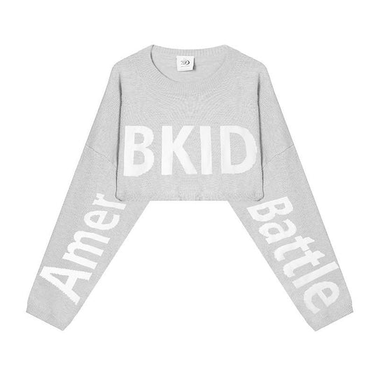 Damen Cropped Strickpullover mit weiten Raglanärmeln und Statement-Schriftzug Shop Nory