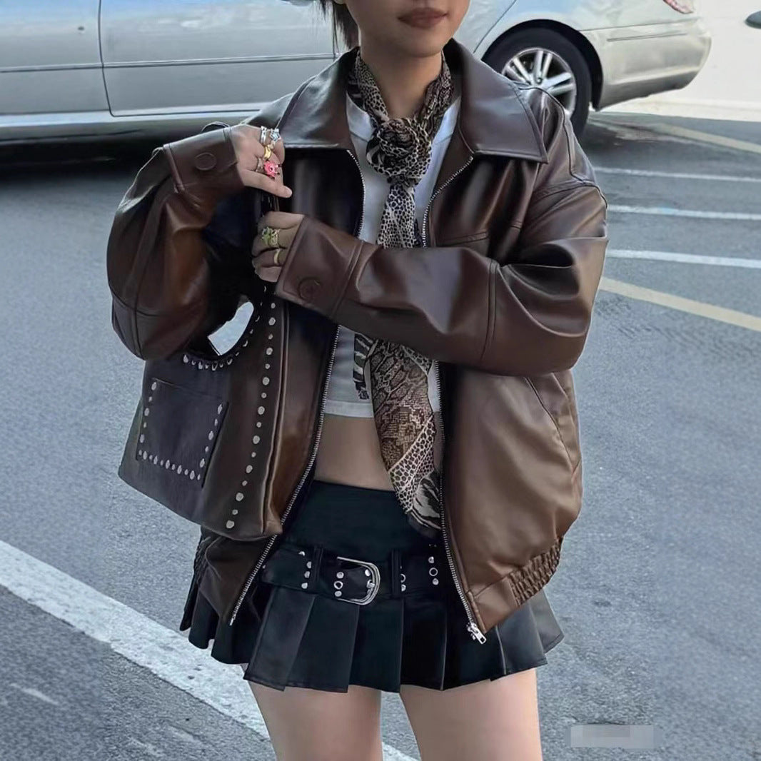 Damen Lässige Lederjacke mit Nieten