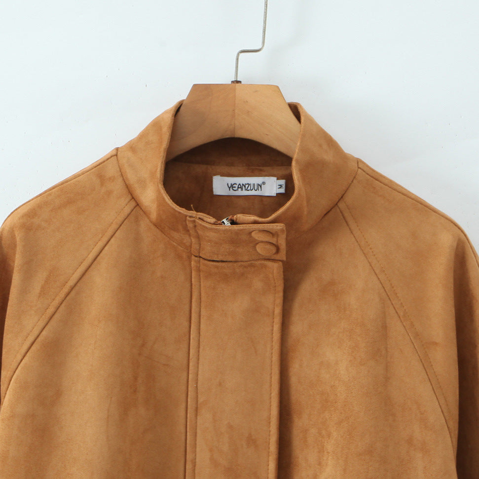 Damen Kurzjacke aus Wildleder mit Stehkragen, verdecktem Reißverschluss und Tunnelzug Shop Nory