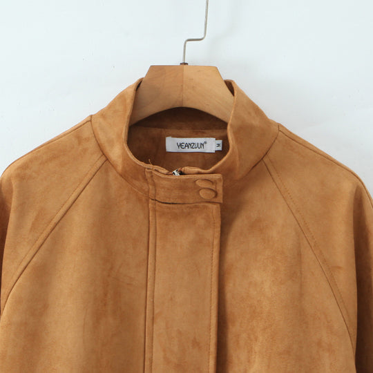 Damen Kurzjacke aus Wildleder mit Stehkragen, verdecktem Reißverschluss und Tunnelzug Shop Nory
