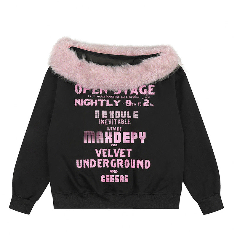 Damen Oversize-Sweatshirt mit Kunstfellkragen, weichem Innenfutter und typografischem Statement-Print Shop Nory