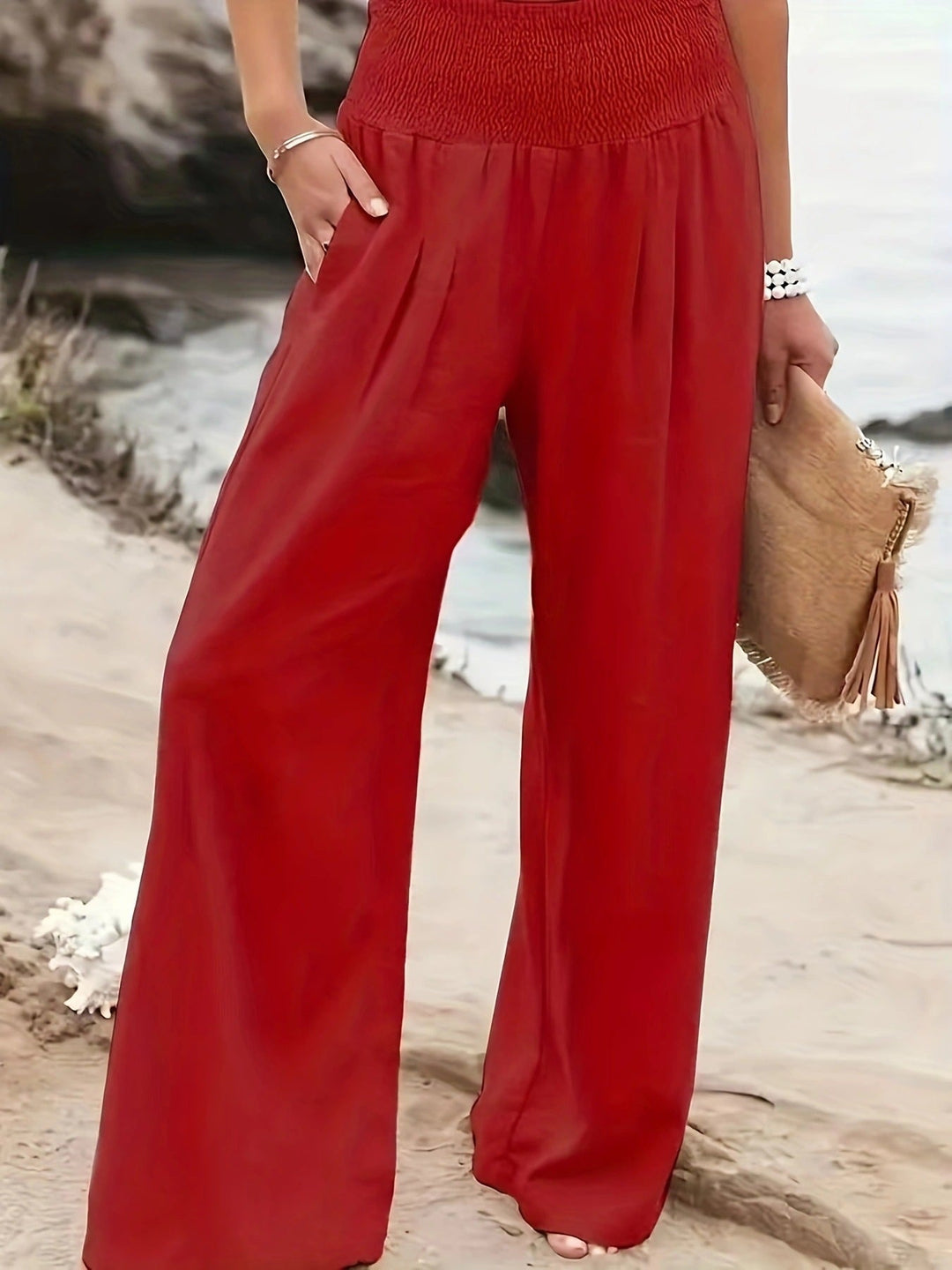 Damen Weite Leinenhose mit elastischem Bund und Falten