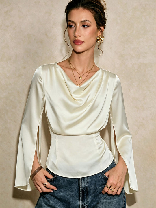 Damen elegante Satinbluse mit Wasserfallausschnitt, taillierter Silhouette und langen Ärmelschlitzen Shop Nory
