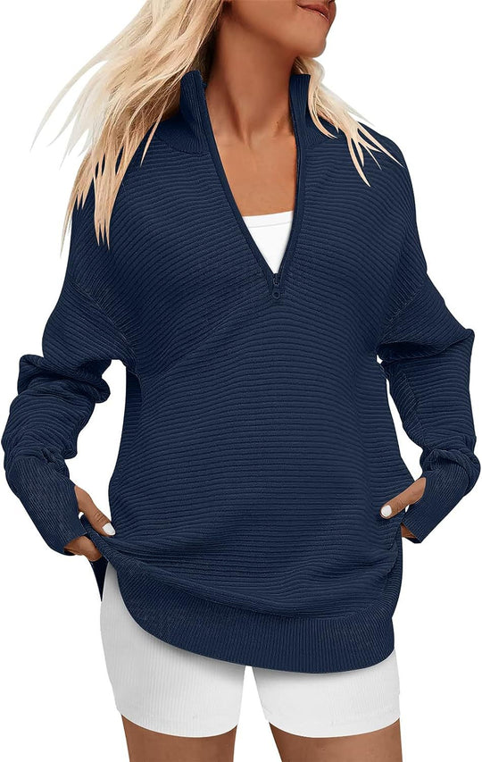 Damen Oversize-Feinstrickpullover mit halbem Reißverschluss, Stehkrragen und Daumenloch-Ärmeln Shop Nory
