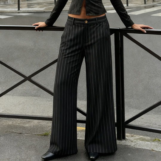Damen nan taillierte Nadelstreifen Palazzo-Hose mit hohem Bund, Bügelfalte und weitem Bein Shop Nory