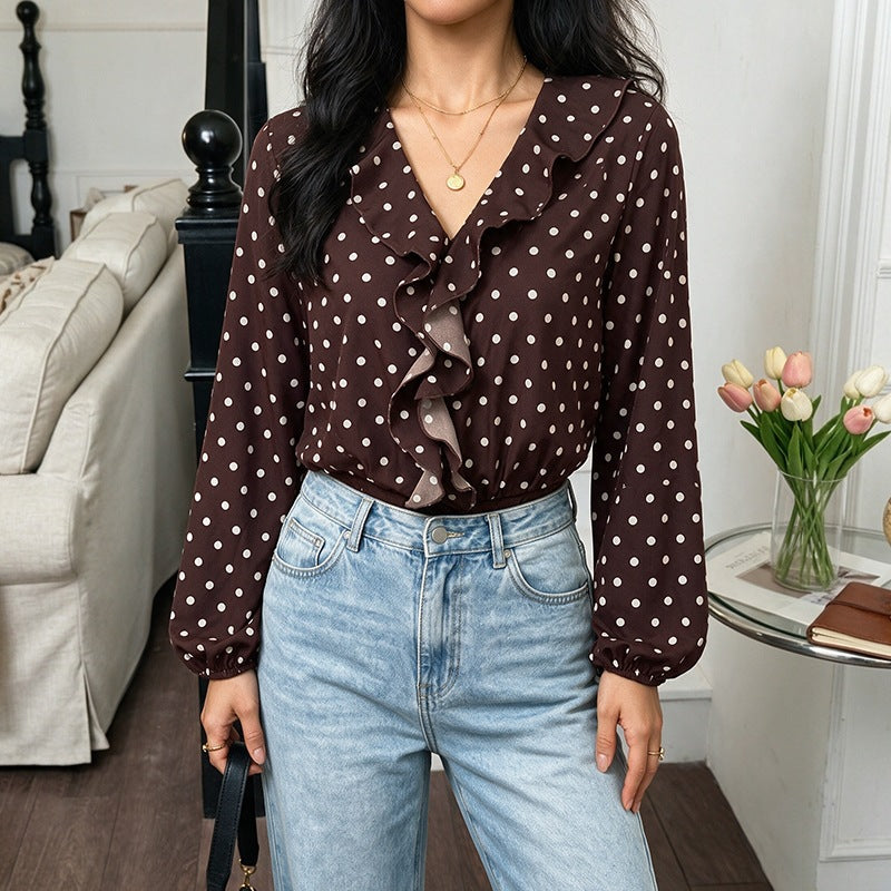 Damen Gepunktete Rüschenbluse mit V‑Ausschnitt, langen Ärmeln und elastischen Manschetten Shop Nory