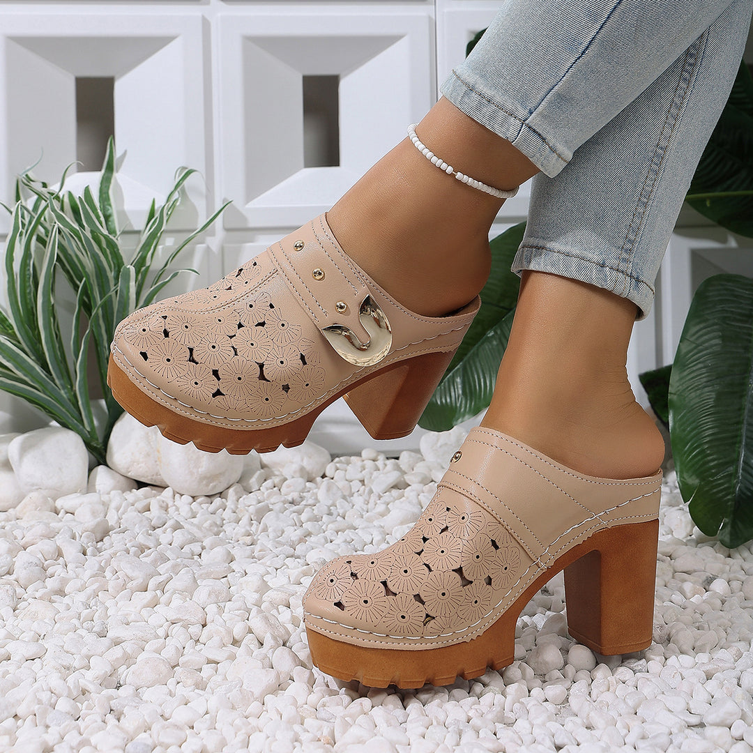 Damen Plateau-Clogs mit floralem Perforationsmuster, dekorativer Metallschnalle und hohem Blockabsatz Shop Nory