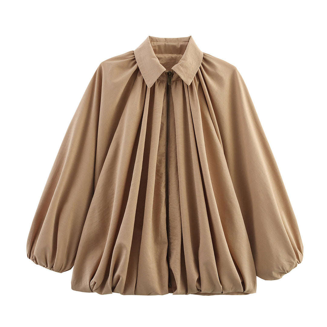 Damen Weite plissierte Cape-Übergangsjacke mit Reißverschluss und ballonförmigem Saum Shop Nory