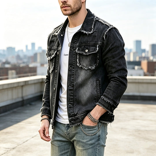 Herren Modische Jeansjacke mit Fransen Shop Nory