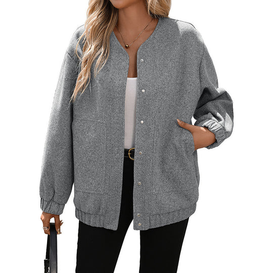 Damen Oversize-Jacke im Bomberstil mit Rundhalsausschnitt, Druckknopfleiste und aufgesetzten Taschen Shop Nory
