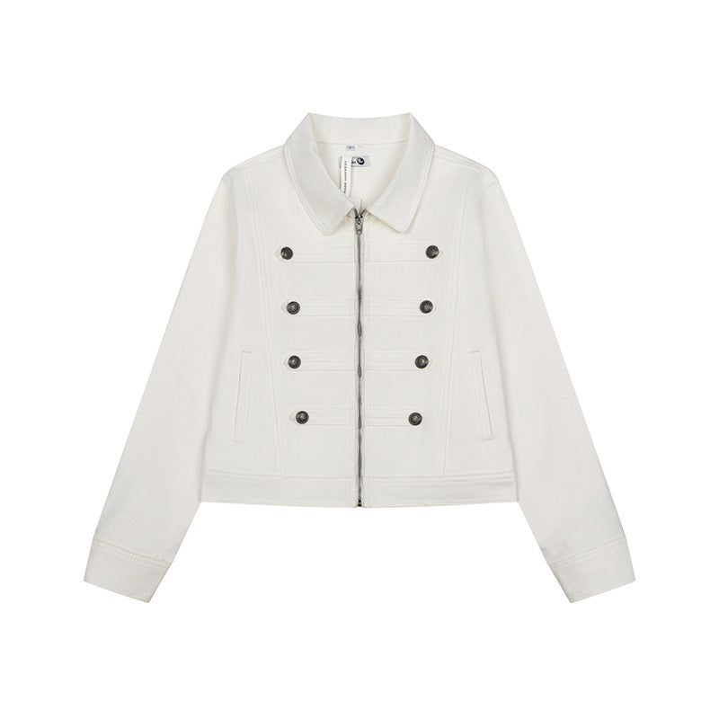 Damen kurze Jeansjacke im Military‑Stil mit Doppelreihen‑Knöpfen Shop Nory