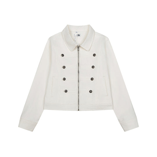 Damen kurze Jeansjacke im Military‑Stil mit Doppelreihen‑Knöpfen Shop Nory