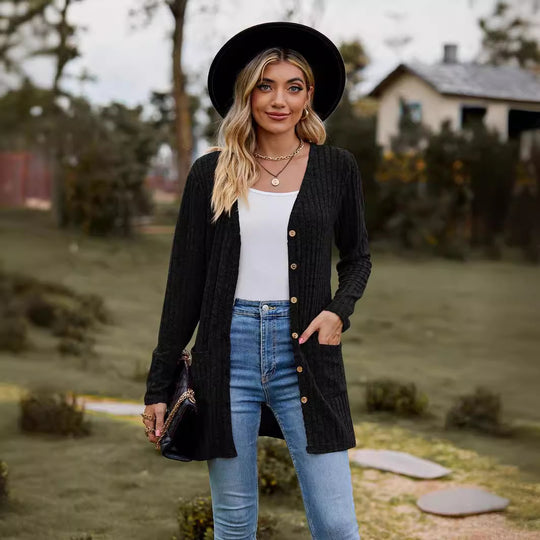 Damen Lang geschnittene Rippstrick‑Cardigan mit Knopfleiste und Eingrifftaschen Shop Nory