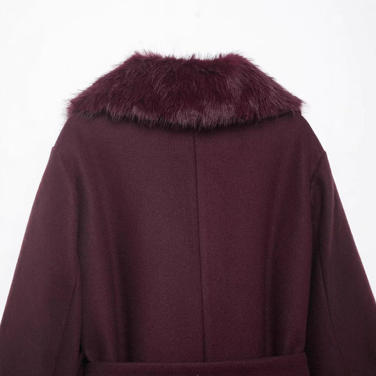 Damen Langer Wollmantel mit großem Kunstfell-Schalkragen und Taillengürtel Shop Nory