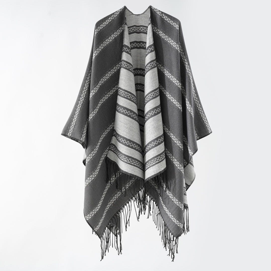 Damen Langer Webponcho im Cape-Stil mit Streifen-Jacquard und Fransen Shop Nory