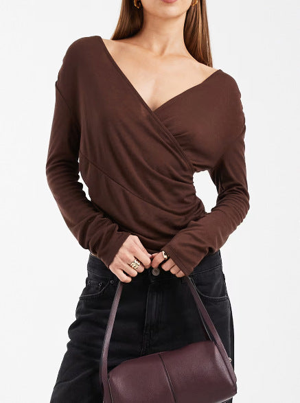 Damen Figurbetontes Wickelshirt mit V-Ausschnitt und Raffung Shop Nory