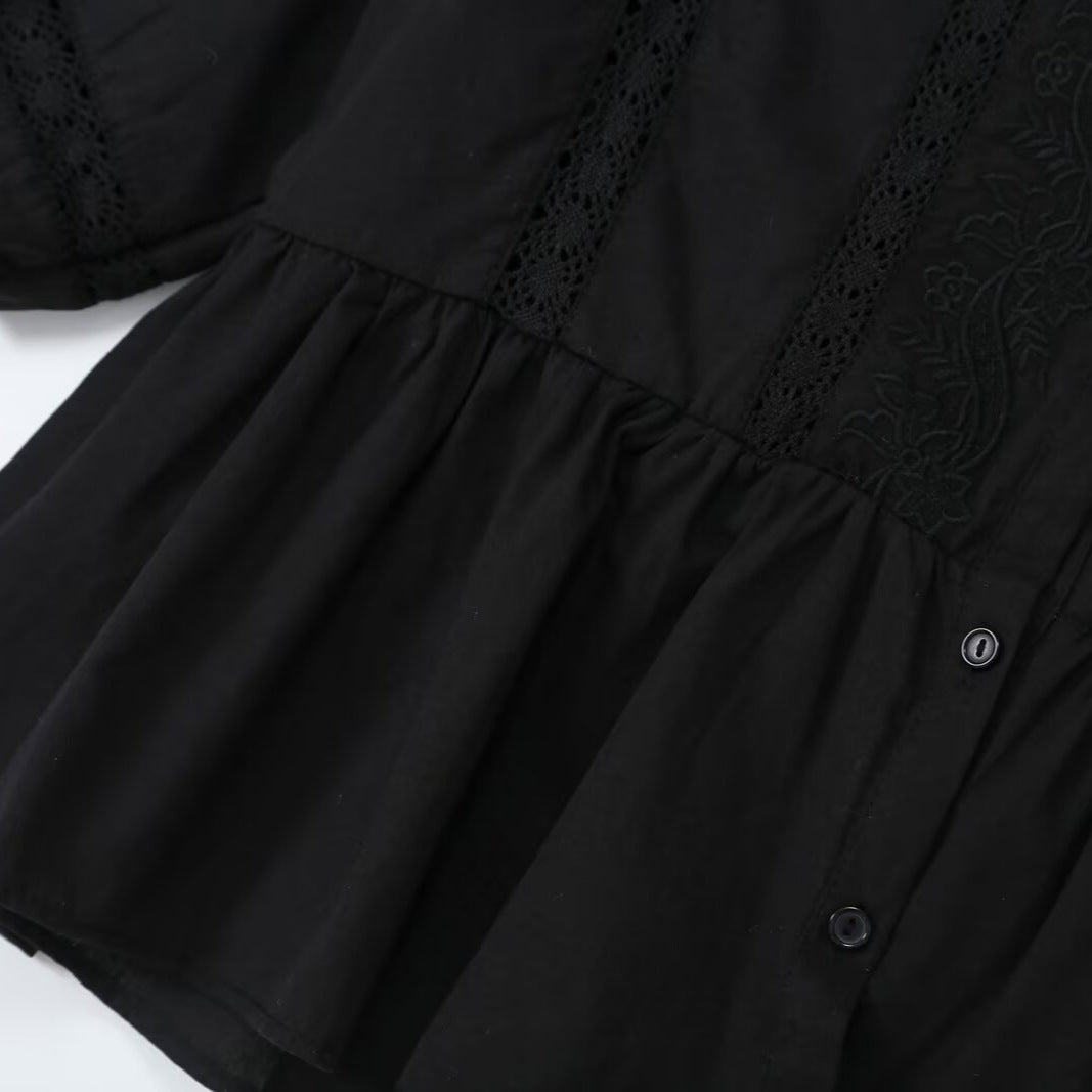 Damen Spitzenbesetzte Blusentunika mit Knopfleiste und Ballonärmeln Shop Nory