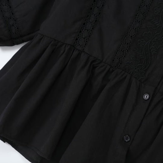 Damen Spitzenbesetzte Blusentunika mit Knopfleiste und Ballonärmeln Shop Nory