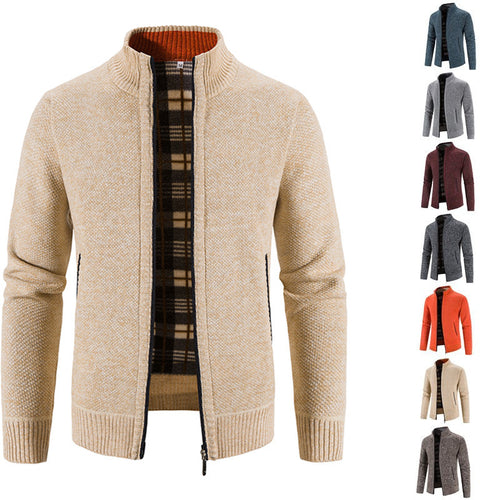 Herren Strickjacke mit durchgehendem Reißverschluss, Stehkragen und kariertem Futter Shop Nory