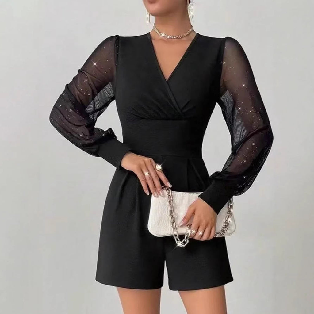 Damen eleganter Jumpsuit mit transparenten Puffärmeln und V-Ausschnitt