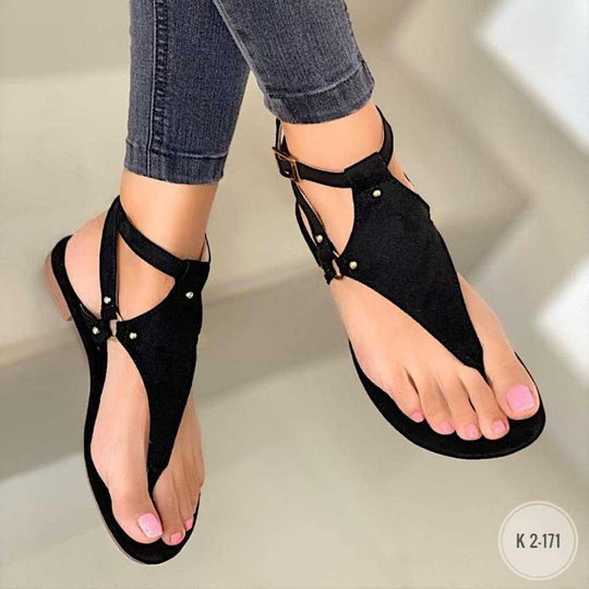 Damen T‑Riemen Sandalen mit Knöchelriemen, Veloursoptik und flacher Komfortsohle Shop Nory