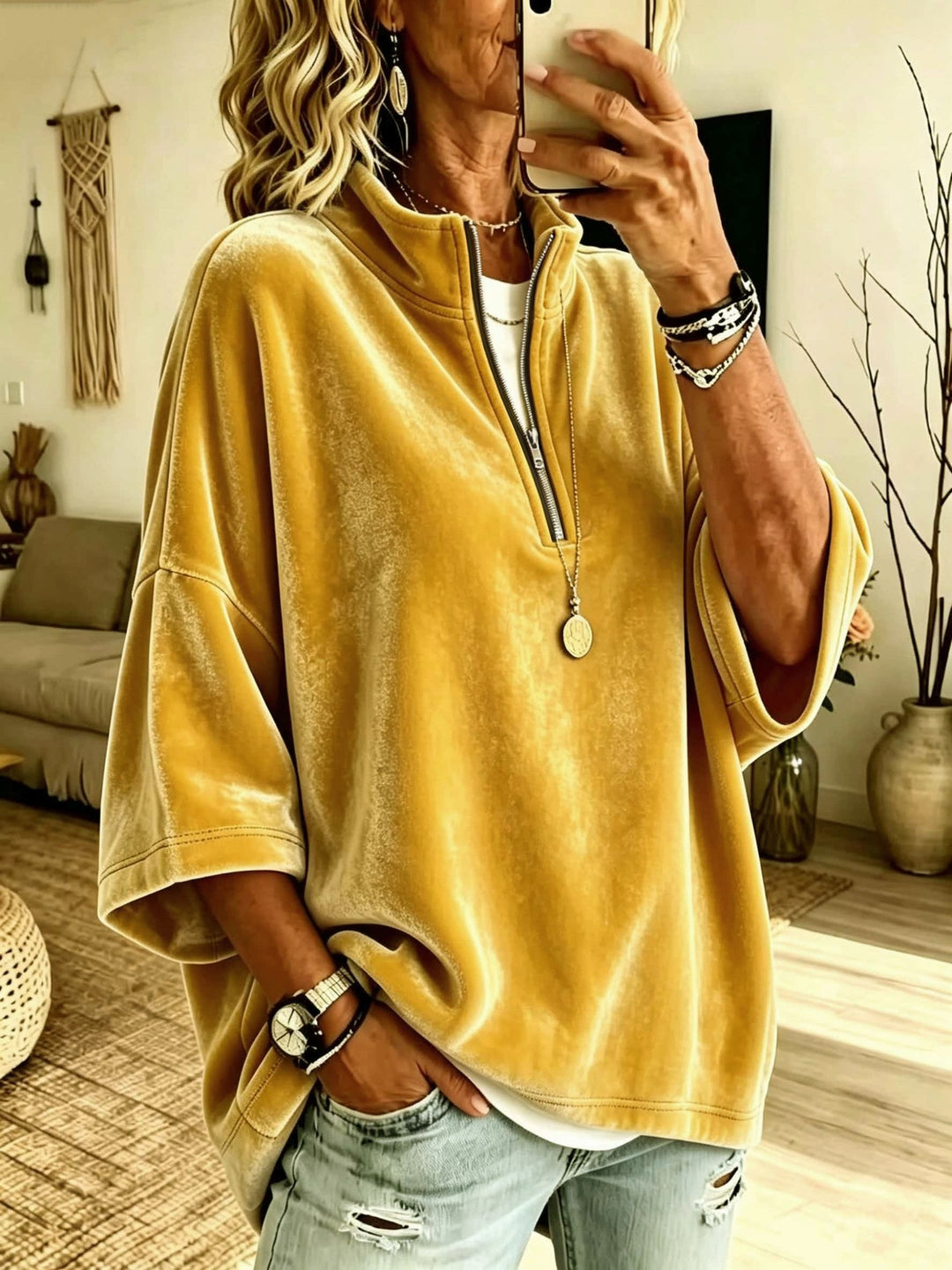 Damen Oversize Samt-Pullover mit kurzem Reißverschluss und Stehkragen Shop Nory