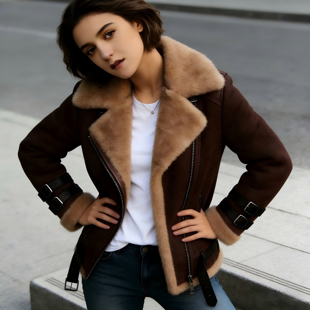 Damen Kurzjacke im Fliegerstil mit abgesetztem Fellkragen und verstellbaren Schnallen Shop Nory