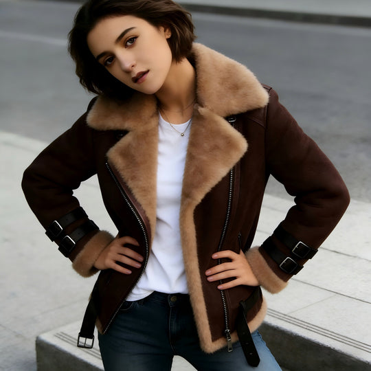 Damen Kurzjacke im Fliegerstil mit abgesetztem Fellkragen und verstellbaren Schnallen Shop Nory