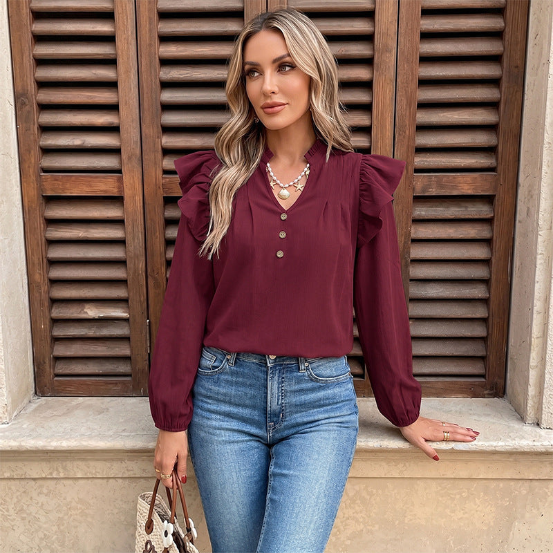 Damen Romantische Rüschenbluse mit Stehkragen, V‑Ausschnitt und Ballonärmeln Shop Nory