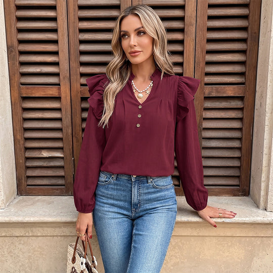 Damen Romantische Rüschenbluse mit Stehkragen, V‑Ausschnitt und Ballonärmeln Shop Nory