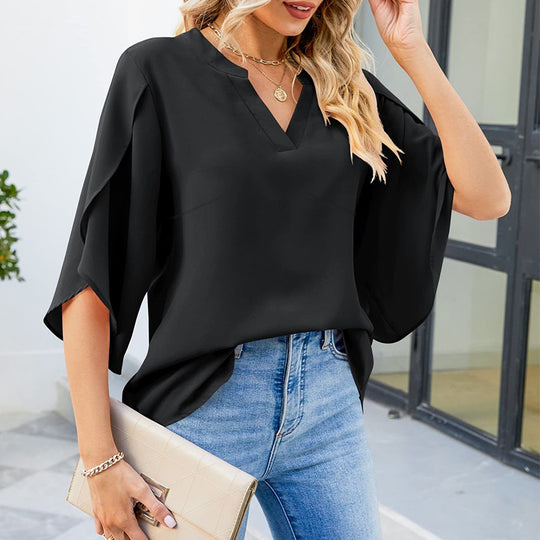 Damen Elegante Bluse mit V-Ausschnitt und fließenden Volant-Ärmeln Shop Nory