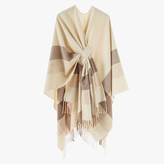 Damen Cape‑Poncho aus Wollmix mit Schlitzgürtel, geometrischem Jacquard und Fransensaum Shop Nory