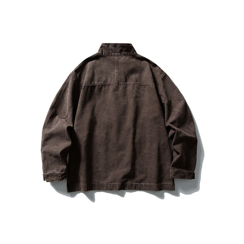 Unisex kastig geschnittene Canvas-Worker‑Blousonjacke mit Stehkragen und Druckknopf‑Front Shop Nory