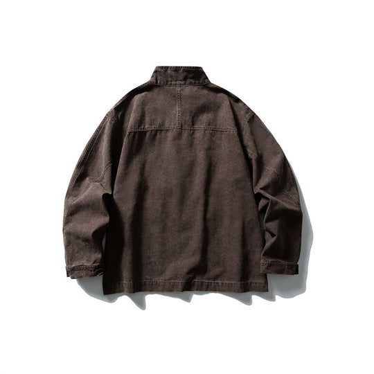Unisex kastig geschnittene Canvas-Worker‑Blousonjacke mit Stehkragen und Druckknopf‑Front Shop Nory