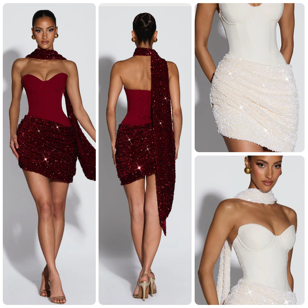 Damen Glamouröses Minikleid mit figurbetontem Bustier-Oberteil und eindrucksvollem Paillettenrock Shopnory