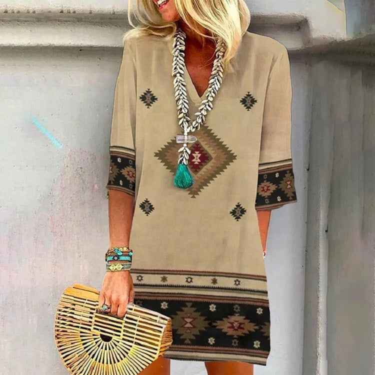 Damen Boho Tunika Kleid mit V-Ausschnitt, 3/4 Ärmeln und geometrischem ethnischem Druck Shop Nory