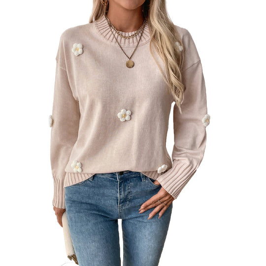 Damen Lässiger Rundhals-Pullover mit 3D-Blüten-Applikationen und gerippten Bündchen Shop Nory