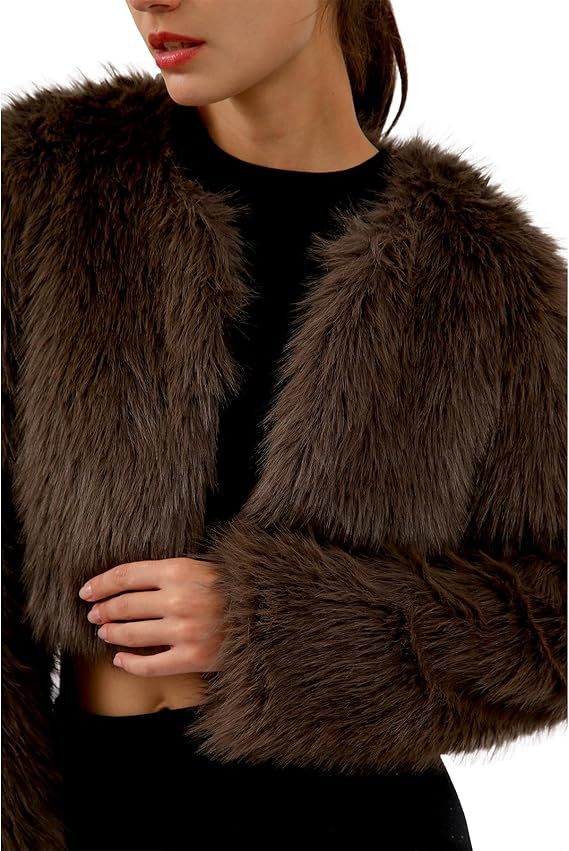 Damen Kurze glamouröse Kunstfelljacke mit lockeren Ärmeln