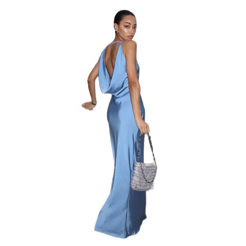 Damen Maxikleid mit schickem Wasserfallausschnitt und fließendem Satin-Stoff