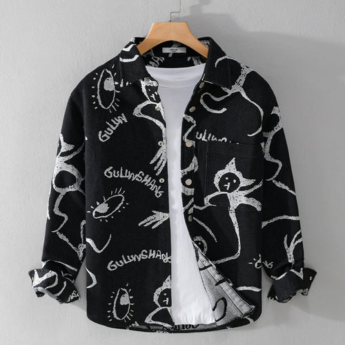 Herren Overshirt mit grafischem Doodle‑Print, Druckknopfverschluss und Brusttasche Shop Nory