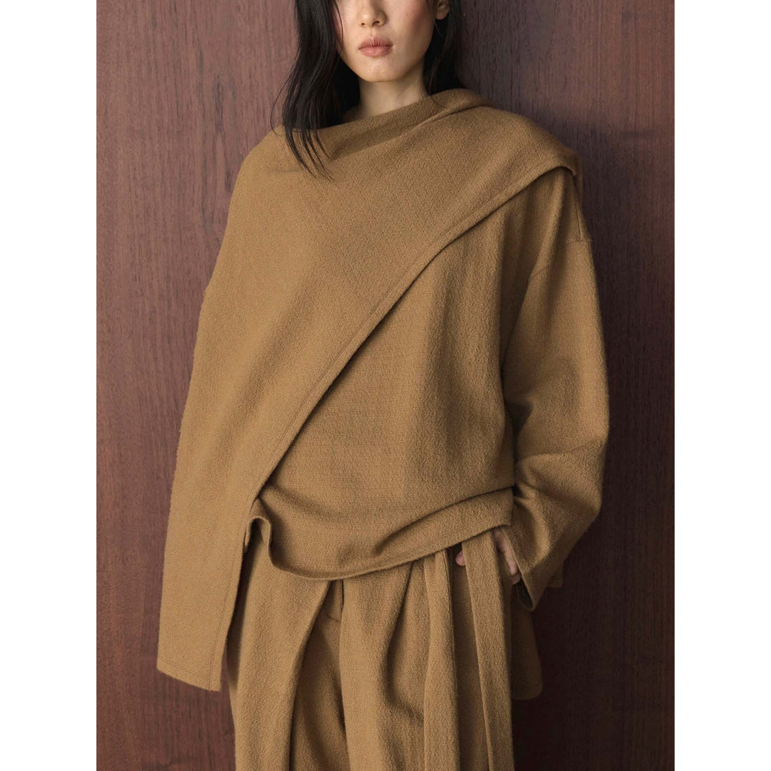 Damen Asymmetrischer Wollmix-Poncho mit weitem Boot-Ausschnitt und Lagenoptik Shop Nory